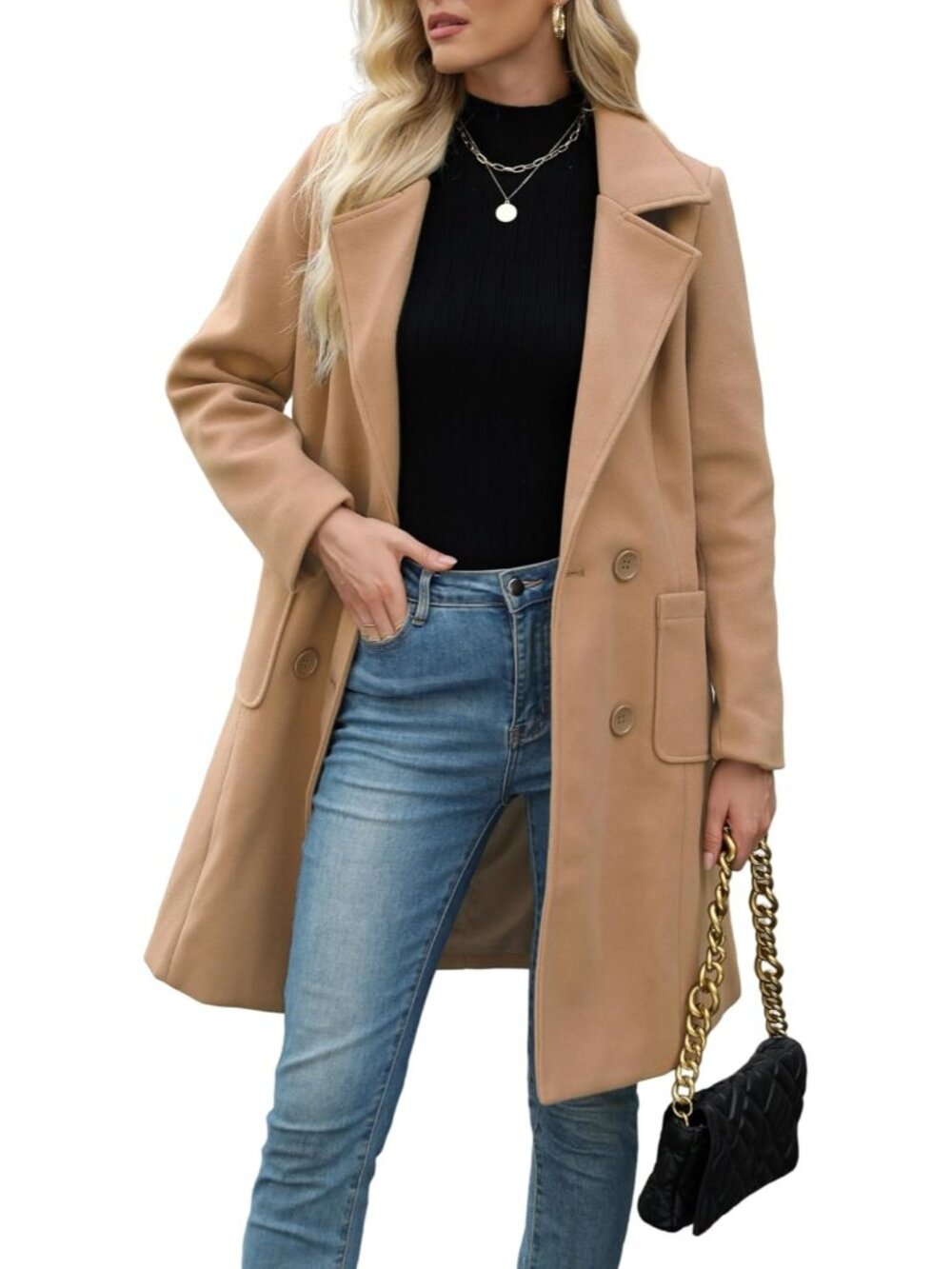 Women's Khaki Chic Wool Blend Mid-Long Notch Double-Breasted Trench Pea Coat